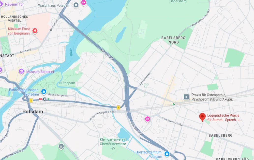 Bild einer Karte von Potsdam auf der der Standort der Praxis markiert ist.
